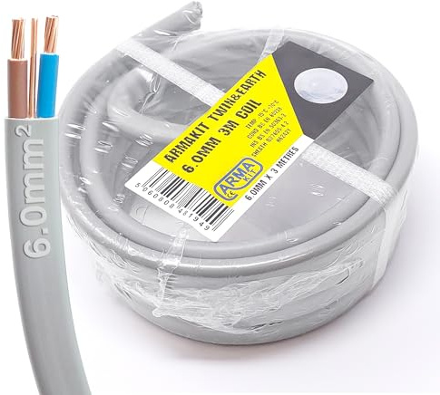 ArmaKit 6.0mm Twin and Earth 3 Metre 6242Y6.0 Grey 240v Mains Cable - 3 Core Electrical Wire for Ring Extension - 6mm Cooker