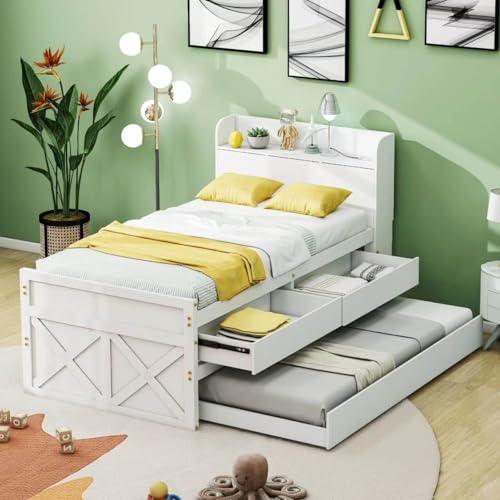 HYUB Polsterbett mit Stauraum 90x190cm, Kinderbett Einzelbett mit Stauraum-Kopfteil und Ausziehbarem Bett, Stauraumbett Massivholzbett mit 2 Schublade und Lattenroste, Ohne Matratze, Weiß