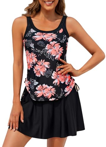 Adigaber Tankini-set för kvinnor push-up badkläder blommigt tryckt baddräkt med kjol botten för strand, Rosa, XXL