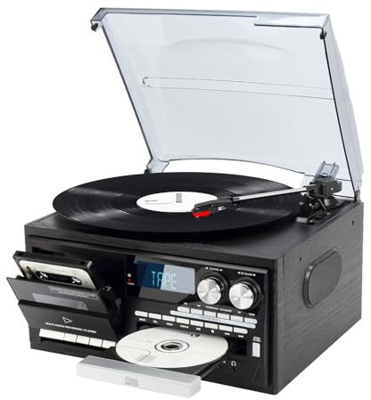 9-in-1 Record Player mit Bluetooth, 3-Gang-Plattenspieler mit eingebauten Lautsprechern, Schallplattenspieler mit 3,5 mm Audioanschluss, CD/Kassette, AM/FM Radio, USB/SD/MMC, Schwarz