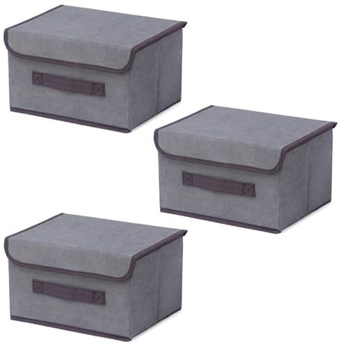 EURXLQ Scatole Portaoggetti con Coperchio,Scatole per Armadio Pieghevoli,Scatole Portaoggetti,Scatole Armadio con Coperchio e Maniglie per l'armadio (Grigio, 3 pack-26×19×16 cm)