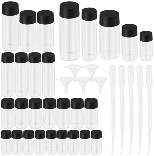 Swpeet Lot de 38 bouteilles de rangement en verre transparent avec joint PE transparent - 5 ml - 5 ml - 10 ml - 15 ml - 20 ml - 30 ml - Petites bouteilles en verre transparent avec bouchons à vis