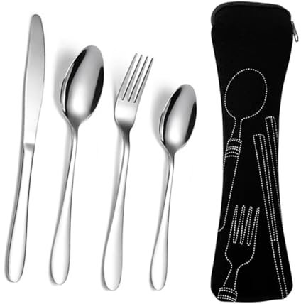 LAWALEISHE 4 Pcs Cutlery Set with Portable Pouch Case, Stainless Steel Flatware Camping Utensil Set Knife, Fork, Spoon with Neoprene Bag for Outdoor Travel Picnic Office School Lunch Box