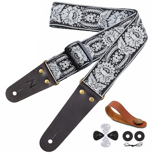 Nefelibata Gitarrengurt, Baumwoll-Gitarrengurte mit Kopf Rindsleder Enden für Bass, Elektro-, Akustik-Gitarre, mit kostenlosem Gurtknopf, 2 Gurtschlösser und 4 Gitarrenplektren