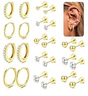 Adramata 12 par örhänge för kvinnor, guld/silver set, kirurgiskt stål, CZ, platta, 0,8 mm, 6 mm, 1,5 cm, unisex, casual/special occasion