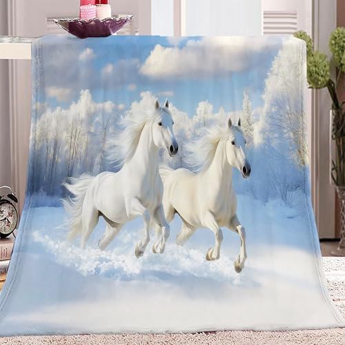 Tiere, Weißes Pferd, Schnee Kuscheldecke Weiß Flauschig Decke Fleecedecke, Sofa Überwurfdecke, Wohndecke Warm Weich Sherpa Wolldecke, Gemütlicher Überwurf Für Bett und Couch 150x200 cm