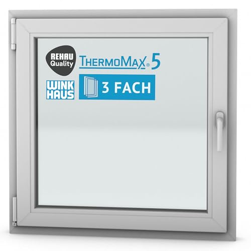 ThermoMax 5 Classic Kunststoff-Fenster, Uw-Wert 1,2, BxH: 90x90cm / 900x900mm, DIN links (Griff rechts), mit 3-fach Wärme-Isolier-Verglasung, Winkhaus Sicherheitssystem & Rehau Profil