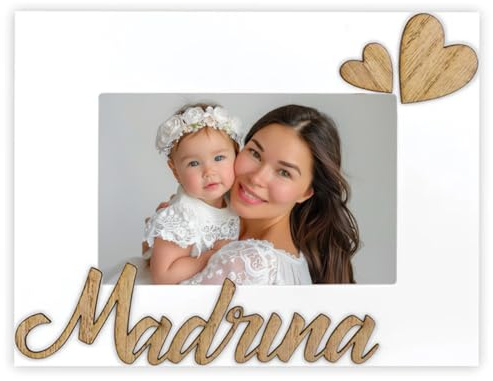 Marco de fotos Madrina 10x15 cm personalizado | Portafotos blanco corazones y texto Madrina madera, regalo bautizos y confirmaciones