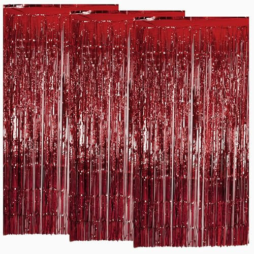 NEXNEOM 3Pcs Red Foil Curtain Backdrop Curtain 3.2ft X 6.5ft, Door Tinsel Curtains Backdrop, Party Backdrop Decoration for Birthdays, and More