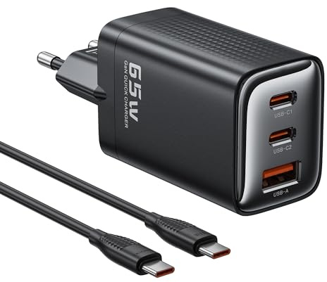 toocki Chargeur USB C GaN 65W, 3 Ports USB-C/A, Câble 100W Inclus, Noir | PD Charge Rapide, Triple Port, Design Compact pour iPhone 17 Pro Max/Galaxy S25/MacBook Air/Xiaomi, Idéal Bureau/Déplacement