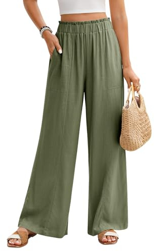 Niwicee Pantalon Fluide Femme Été Pantalon Lin Taille Haute Elastique Pantacourt Jambes Larges Ample Décontractée Palazzo Élégant Pants Solide Coupe Droite Pants avec Poches