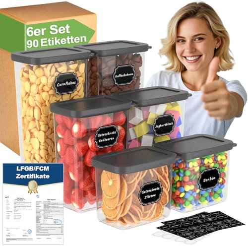 Homhut Contenitori Ermetici per Alimenti 6 Pezzi, Contenitori per Alimenti, Barattoli Cucina con Coperchio, Contenitori Cereali Muesli Farina (Max 1,8L)