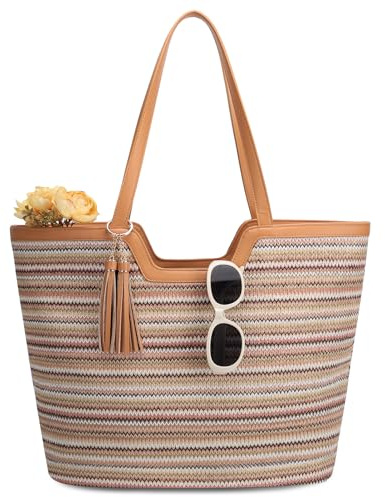 VASCHY Borsa Mare Paglia,Borsa Spiaggia Donna Grande Impermeabile Viaggio Estiva,Strisce Kaki