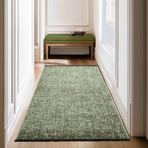 SIMPEX, Baumwolle Teppich Läufer Grün 80x150 cm - Waschbar, Boho-Stil, Vintage Kelim, Kurzflor, rutschfest & Weich, Einfarbig Meliert, Für Küche, Schlafzimmer & Flur