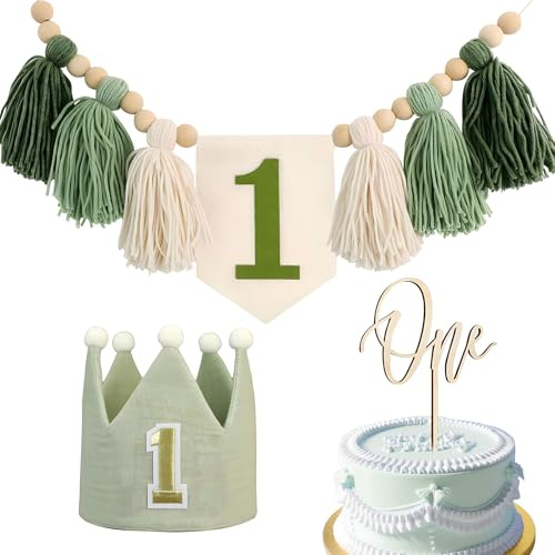 Green One 1st Birthday Decorations for Boys Girls 1st First Birthday High Chair Banner with Green 1st Birth Hat and One Cake Topper First Birth Highchair Banner for Party Decorations