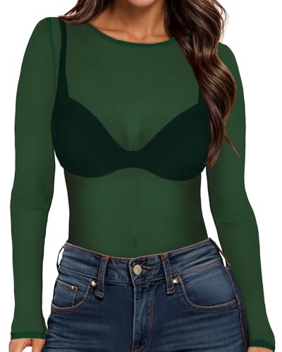 Womens Mesh Top Long Sleeve Crew Neck Sheer Shirt See Through Blouse | soft mesh fabric, stretchy and breathable, trendy streetwear, layering piece for parties and clubs