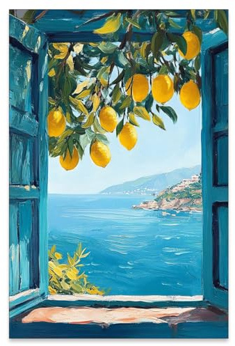 Mediterranean Window View Wall Art Coastal Lemon Tree Canvas Prints Blue Seascape Posters Modern Nature Landscape Pictures for Bedroom Living Room Office Decor 16x24 In Unframed