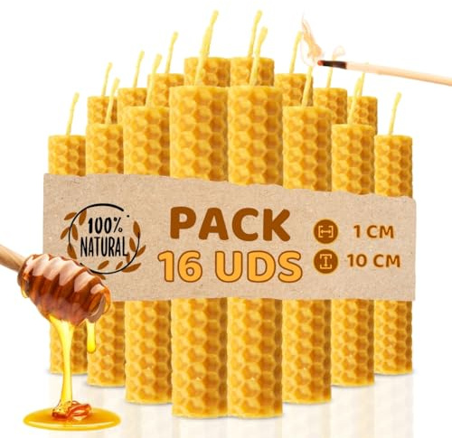 Velas de Miel de Abeja para Rituales 100% Natural Española Cera Pura - Hechas a Mano - Origen España - SIN PARAFINA (Pack de 16, 10 cm x 1 cm)