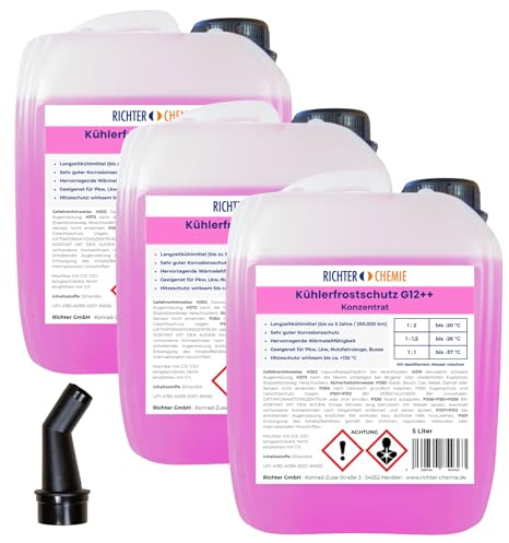 Richter Chemie Kühlerfrostschutz G12++ Konzentrat, 3 x 5 L, bis -37°C, PKW | Langzeitkühlmittel bis 5 Jahre/250.000 km, Frostschutz bis -37°C, für LKW, Nutzfahrzeuge & Busse, Hitzeschutz bis 135°C