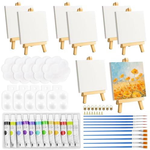 56 Pcs Mini Canvas and Easel, Small Canvas Painting Set - 4x4 Inches Canvases with Wooden Mini Easels, Paint Brushes, Paint Palette, Hooks & Acrylfarben for Kids, Artists, Art Parties, DIY Craft Proje