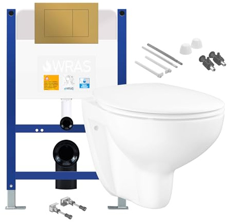 Modern Wall Hung Toilet Set with Low-Height Concealed Cistern, Ultra-Slim Soft Close Seat & Gold Flush Plate
