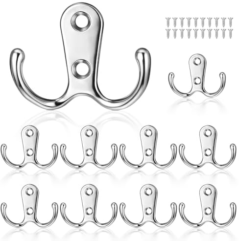 Cobee 10 Pcs Double Prong Robe Hooks, Dual Coat Hooks Cloth Hanger Metal Wall Mounted Door Hook Utility Hook for Bathroom Bedroom Kitchen Hanging Clothes Coat Bag Towel Key(Silver)