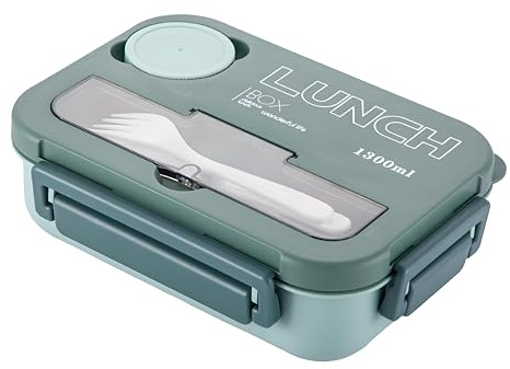 UAVAUI Lunch Box, 1300ML Bento Boxes with Salad Dressing Containers for Kids Adult, Leak-Proof Lunch Box with Compartments for School Kindergarten Office Travel, Microwaveable Safe (Green)