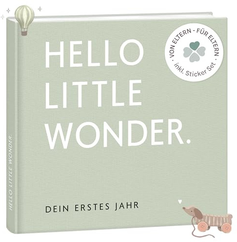 mintkind® Babytagebuch Coffee Table Edition Salbei – Leinen, 132 Seiten | Babyalbum mein erstes Jahr mit Leineneinband, 24x22 cm, Platz für Fotos und Notizen – Geschenk zur Geburt