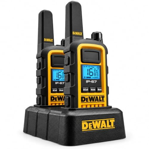 DeWALT Long Range Walkie Talkies for Adults with Charging Dock, 2 Pack | Rechargeable Professional Handheld, Two Way Radios, PMR446 Licence-Free, VOX Hands Free, Work Teams, Construction, Warehouse