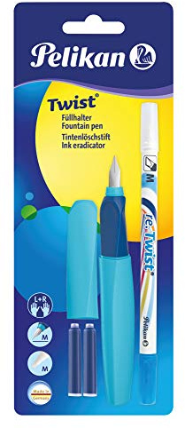 Pelikan Twist in Colori Assortiti, Penna Stilografica Ergonomica, per Destrimani e Mancini, per Scuola e Ufficio, Pennino M in Acciaio Inossidabile, 2 Cartucce Blu e Cancellino Inclusi. Ricaricabile