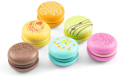 Woet Spielzeug-Macarons aus Holz, 6 Teile | Spiellebensmittel aus Holz, Macaron-Gebäckset, Bäckerei-Spielzeug, Spielküchen-Zubehör, Rollenspiel, ab 2 Jahren