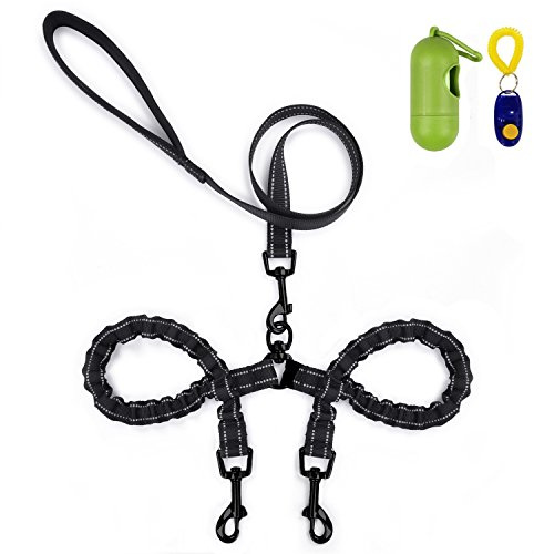 Doppelleine für Hunde, reflektierend, stoßdämpfende Wirkung, 360°-Rotation, Bungee-Design, kein Verheddern, für Zwei Hunde zum Spazierengehen/Trainieren (Schwarz-Kleiner Hund)