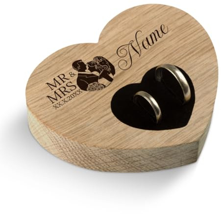 Hochzeit Ringkissen Herz Ringhalter individuell Namen 10 x 8,5 cm Eichenholz - Mr & Mrs