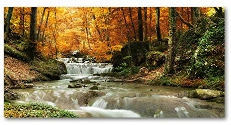 Tulup Glas-Bild Wandbild aus Glas - Wandkunst - Wandbild hinter gehärtetem Sicherheitsglas - Dekorative Wand für Küche & Wohnzimmer 140x70 - Landschaften - Wasserfall im Wald - Gelb