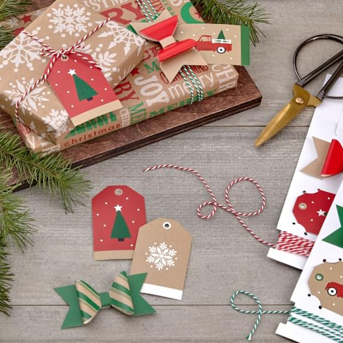 Hallmark Kit de accesorios de papel de regalo de día festivo (camión rojo, árbol, copo de nieve) 6 lazos de regalo, 12 etiquetas de regalo, 9 yardas de cordel, papel kraft, rojo, verde, blanco