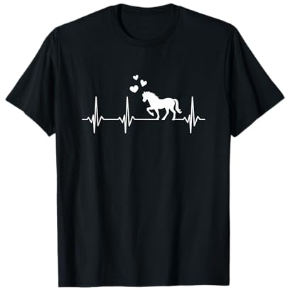 Pferde Reiten Herz Liebe Damen & Mädchen T-Shirt Schwarz Kurzarm Klassisch Reit Motiv Herzschlag Pferd Herzlinie S