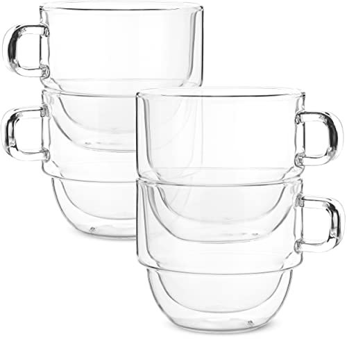 BTaT- Stackable Insulated Coffee Mugs, 4 Pack 16 oz(500 ml), Ideal for Hot and Cold Drinks, Stackable Cappuccino Cups, Double Wall Glass Coffee Cups, Tea Cups, Latte Cups, Beer Glasses, Latte Mug