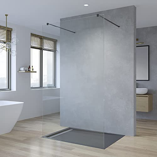 AQUABATOS® 77 x 200 cm Walk-in Dusche Duschabtrennung Rahmenlos Duschtrennwand Nano Beschichtung Echtglas 8mm Glastrennwand Seitenwand Duschwand mit Stabilisierungstangen Schwarz