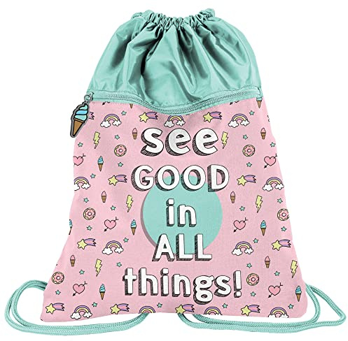 PASO Kinder Turnbeutel Sportbeutel Think Positiv 43x34 cm Rosa Grün Bunt mit Reißverschluss Polyester leichter Rucksack für Schule Sport Kindergarten