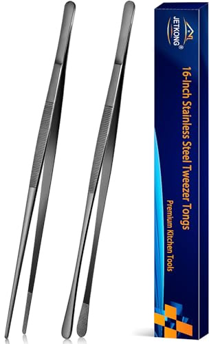 JETKONG 2 Pcs 16-Inch Kitchen Tweezers Tongs with Precision Serrated Tips, Stainless Steel Chef Tweezer Professional Cooking Tweezers for BBQ, Plating and Serving (16-Inch, Black)