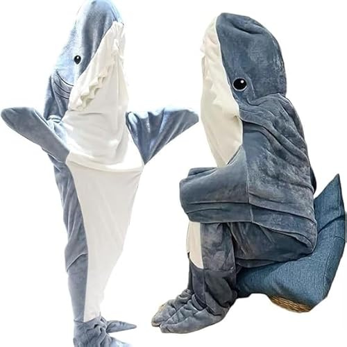 Hai Decke für Erwachsene,Tragbare Hai Decken Hoodie,Weich Gemütlicher Flanell Hai Schlafsack, Niedlicher Hai Einteiler Schlafanzug,Grau Blau Shark Onesie Blanket-L
