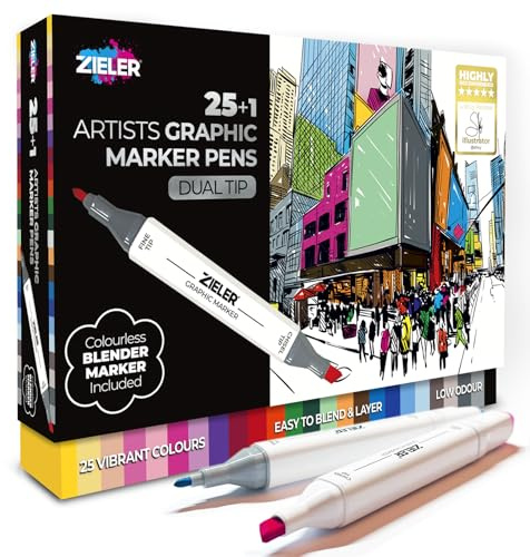 Zieler 25+1 Artists Graphic Dual-Tip Graphic Marker Pens, 25 Colours+Blender, 1 Set