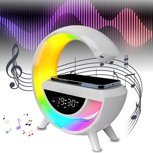 LED Nachttischlampe mit Ladefunktion, Intelligente Lichtwecker LED Tischlampe 15W 4-in-1 Kabelloses Lautsprecher Bluetooth Alarm Clock mit Musik Dimmbar Nachtlicht für Schlafzimmer Wohndekoration