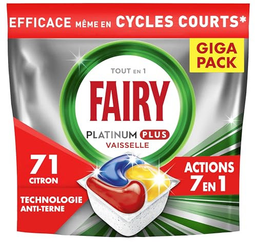 Fairy Platinum Plus Tout-en-1 Pastilles Lave-Vaisselle, 71 Capsules, Citron, Technologie Anti-Terne, Nettoyage Optimal Pour Une Vaisselle Propre Comme Neuve, Redonne De L’Éclat Et Prévient Le Calcaire