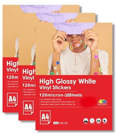 Inkuway A4, 30 Blatt, weiß, glänzend, Vinyl-Inkjet-bedruckbare Folie, wasserfest, selbstklebend, für Aufkleber Und Etiketten