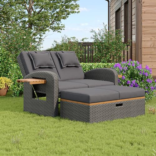 Kayan Rattan Gartenlounge Set Outdoor, Rattan Gartenliege 2 Sitzer mit Schlaffunktion, Verstellbare Rückenlehne, Gartensofa mit Hocker und Stauraum, Garten Doppelliege mit Seitenablagen, Grau