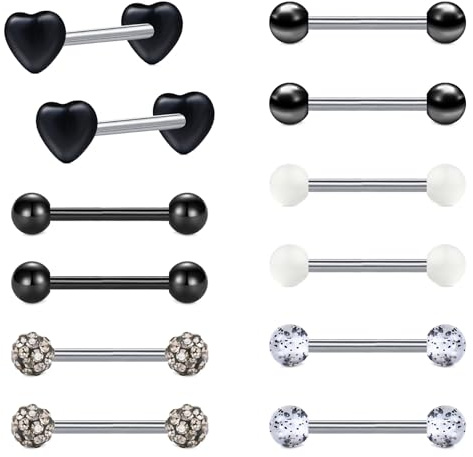 LaurITAMI 12 par tungpiercing bröstvårtspiercing set kirurgiskt stål 1,6 mm 14 mm barbellpiercing tunga bröstvårta barer, Rostfritt stål