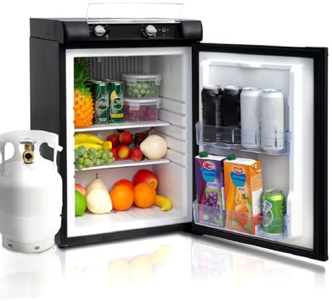 Techomey Frigo Trimixte 12V 220V Gaz Camping Car, Frigo Camping Gaz pour Camping Caravane Fourgon Chalet Gîte, Mobile-Home, 28/30mbar, 60L, Noir
