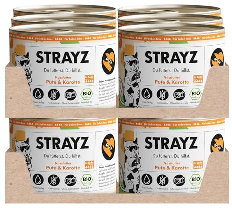 STRAYZ - Bio Katzenfutter in Soße - Pute & Karotte: Getreidefreies Katzenfutter hoher Fleischanteil ohne Zucker - Spendet für Straßenkatzen (12x200g)