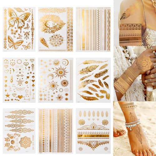 Tatuajes Temporales Metálicos con 110+ Diseños, Impermeables Brillantes Tattoos Gold Temporary Papel De Tatuaje Dorados Estilo Bohemio, Pegatinas De Tatuajes De Arte Corporal Para Mujeres, Niñas